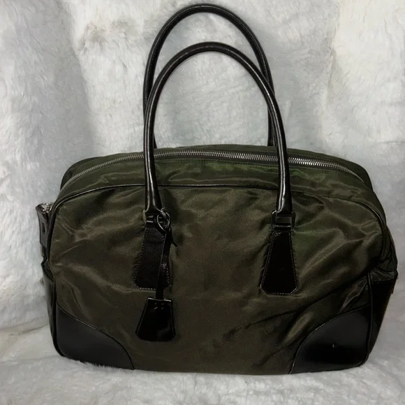 Prada Large green nylon and brown leather commuter bowling bag & lock & keys - Picture 1 of 17